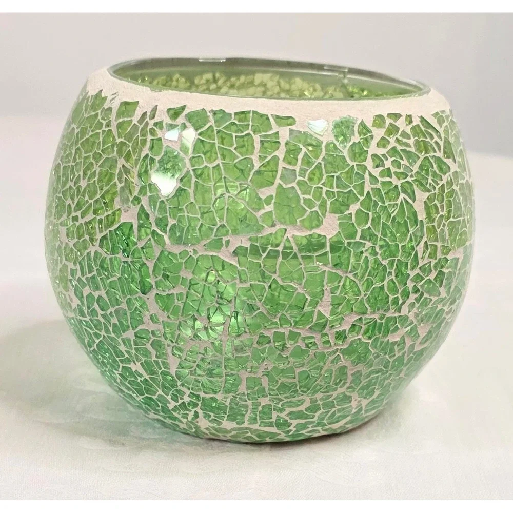 Green Mosaic Glass Tea Light Candle Holder Globe Votive with Inner Cup 3.5in